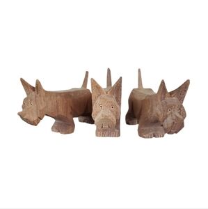 Primitive Wood Scottish Terrier Handcraved Detailed Set Of 3 MCM ~ Pre-Owned